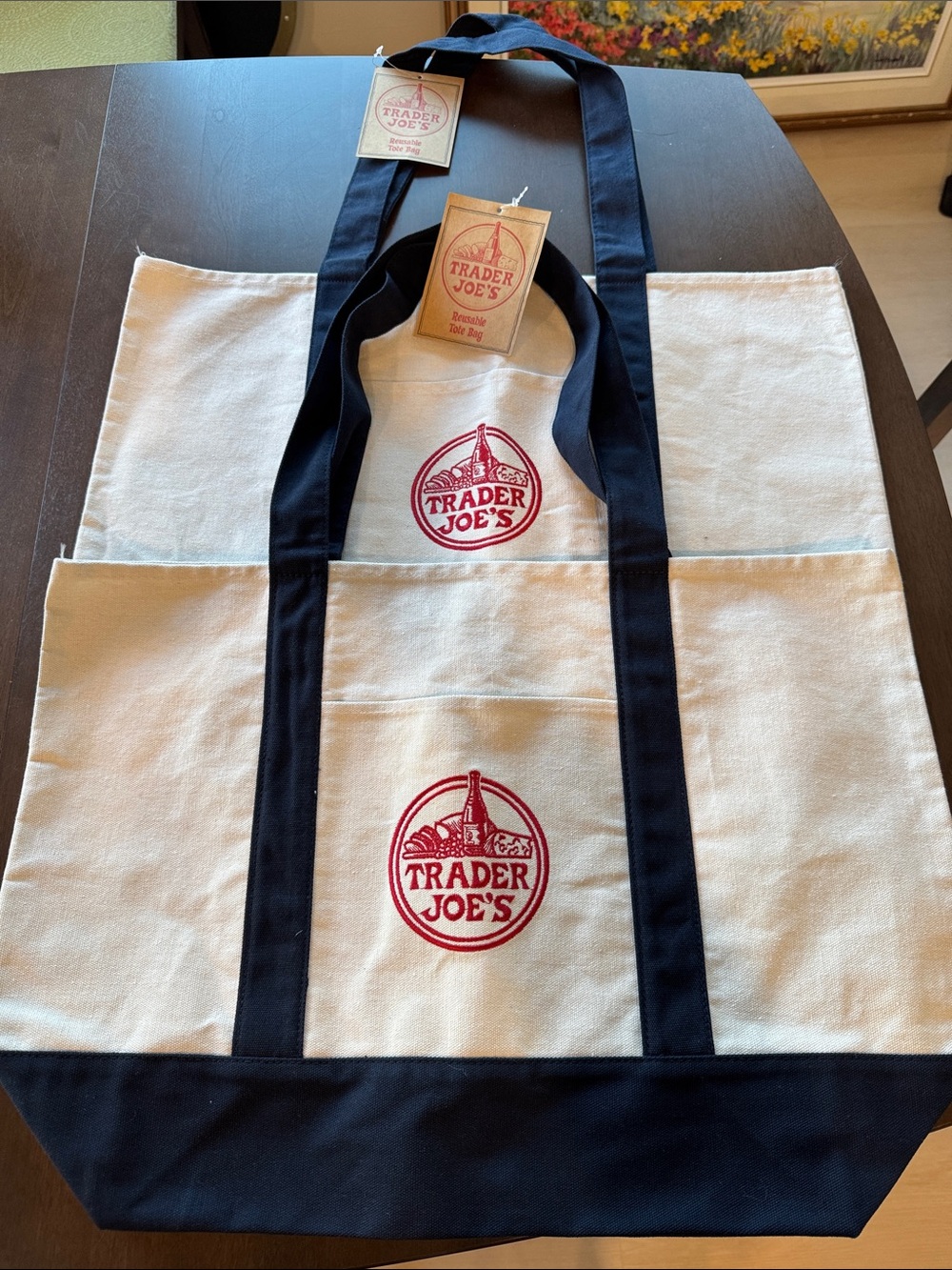 NWT 2 Trader Joe's Large Canvas Tote Bag in Navy Blue